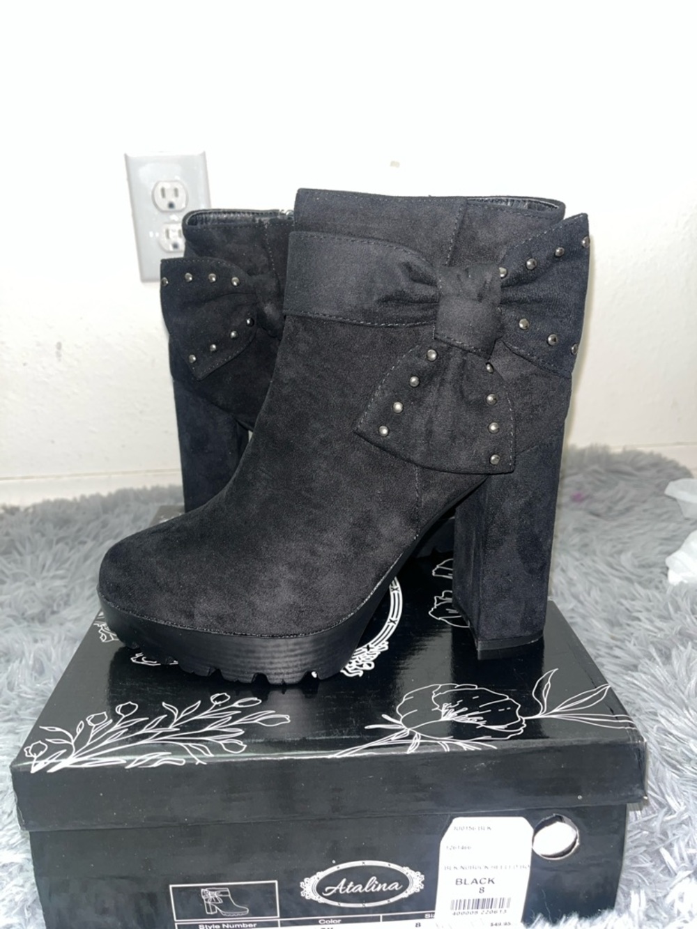 Catalina Black Suede Stud Bow Block Heel Booties